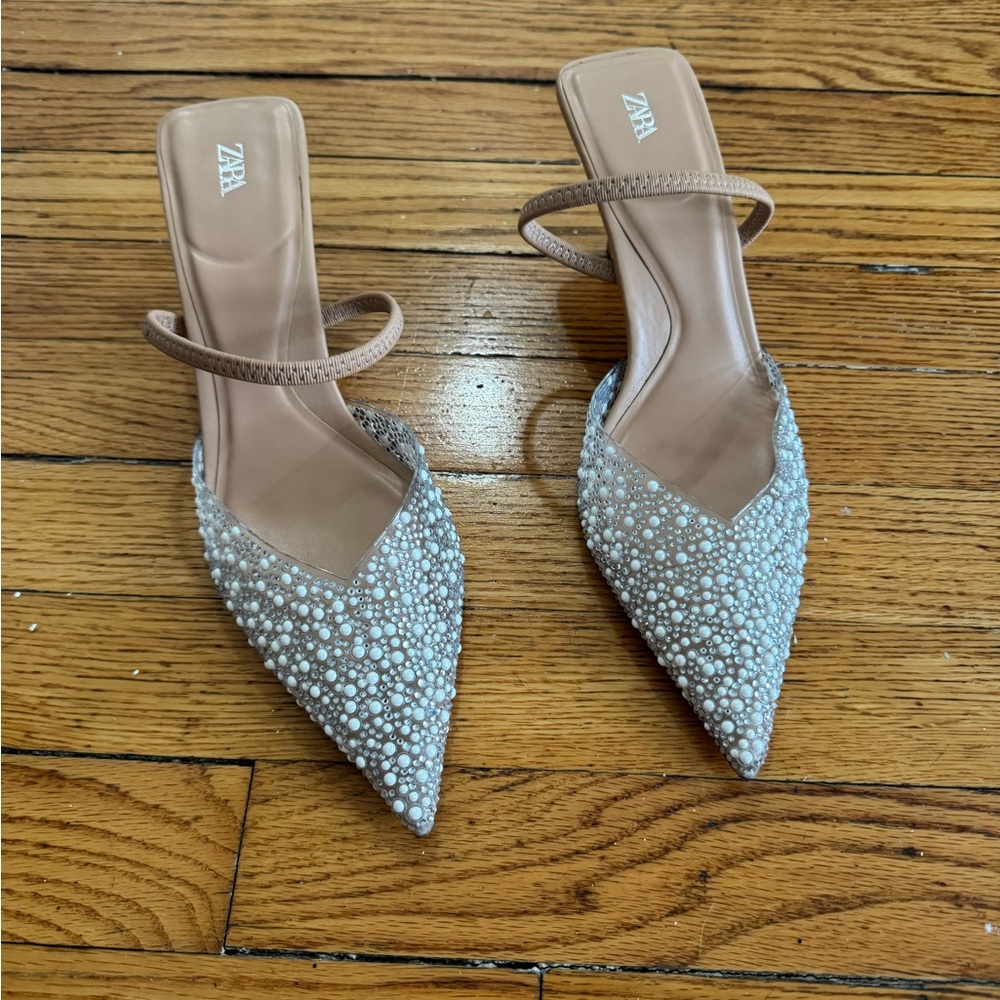 Zara Tan Heels with Crystal and Pearl Embellishments